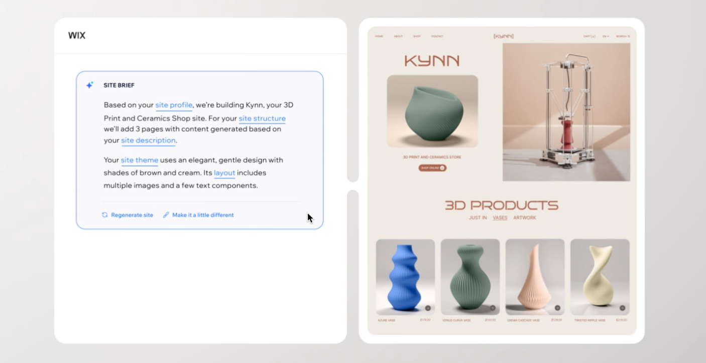 Wix の AI ウェブサイトビルダーのスクリーンショット。
