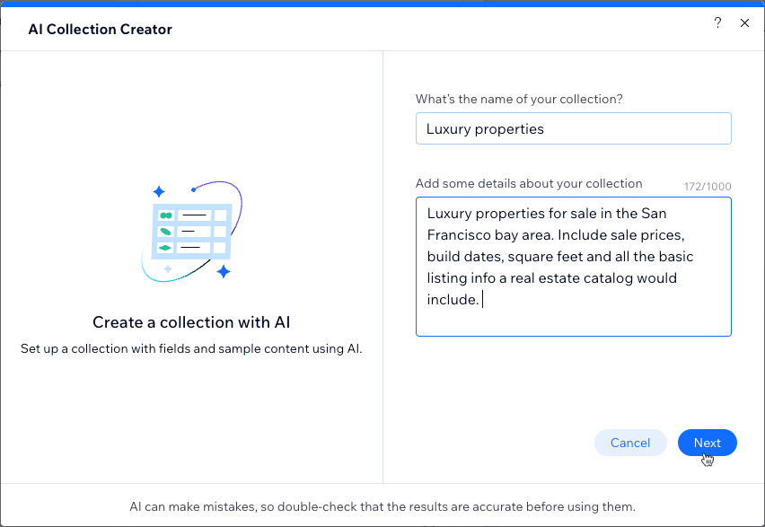 CMS의 Wix AI 컬렉션 생성기 스크린샷