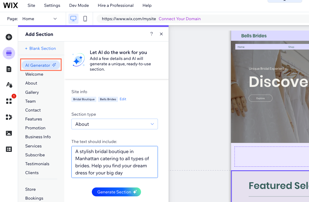 Capture d'écran du générateur de section IA dans l'Éditeur Wix.