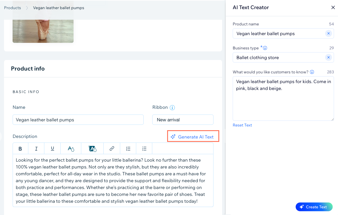 Wix AI text creator generating product descriptions for online store.