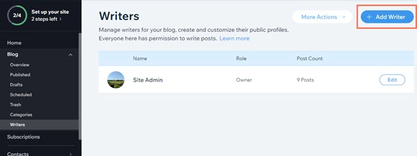 A screenshot showing how to add a writer to a blog in Wix from the site's dashboard.