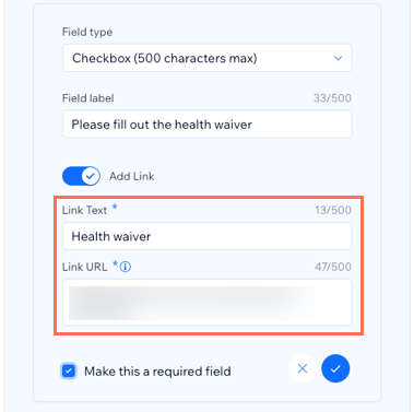 A screenshot showing how to add a link to your health waiver on the Booking Form.