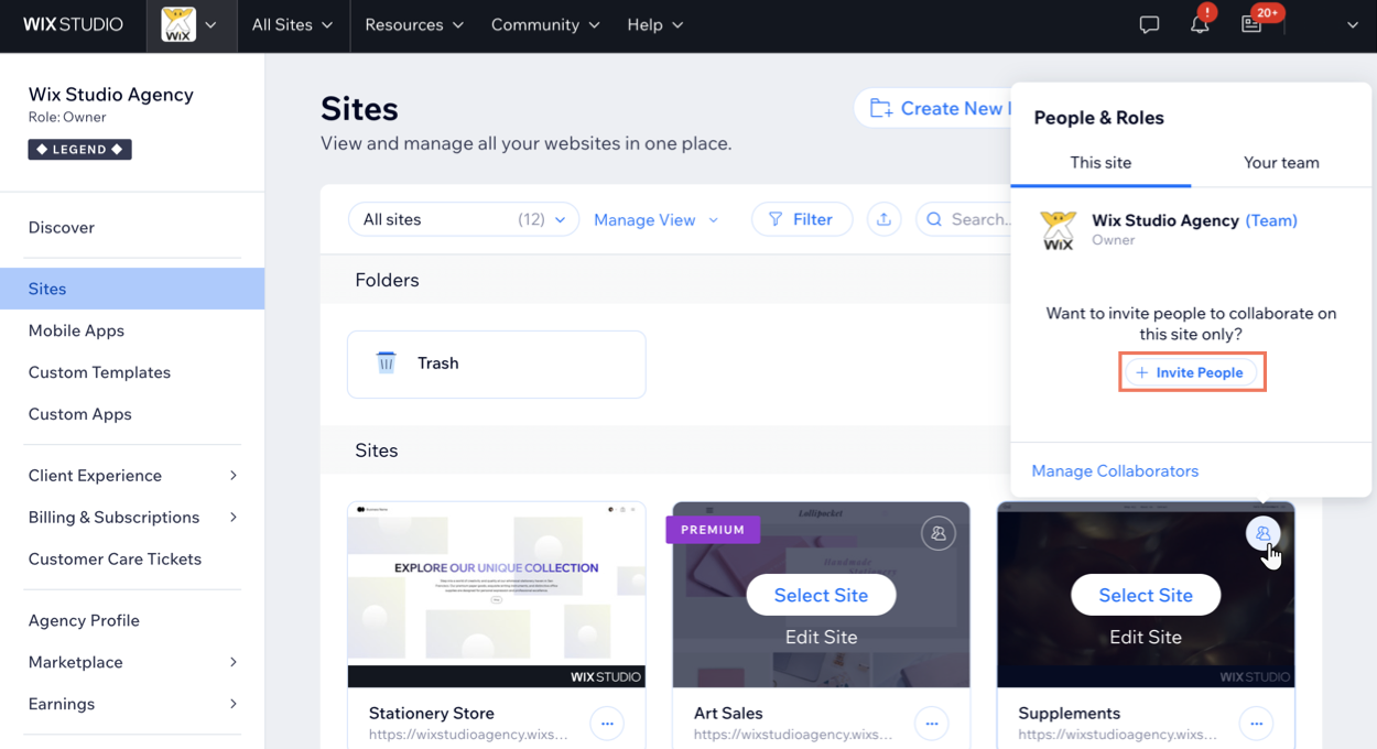 Een screenshot van het uitnodigen van mensen voor een website in je Wix Studio-werkruimte.