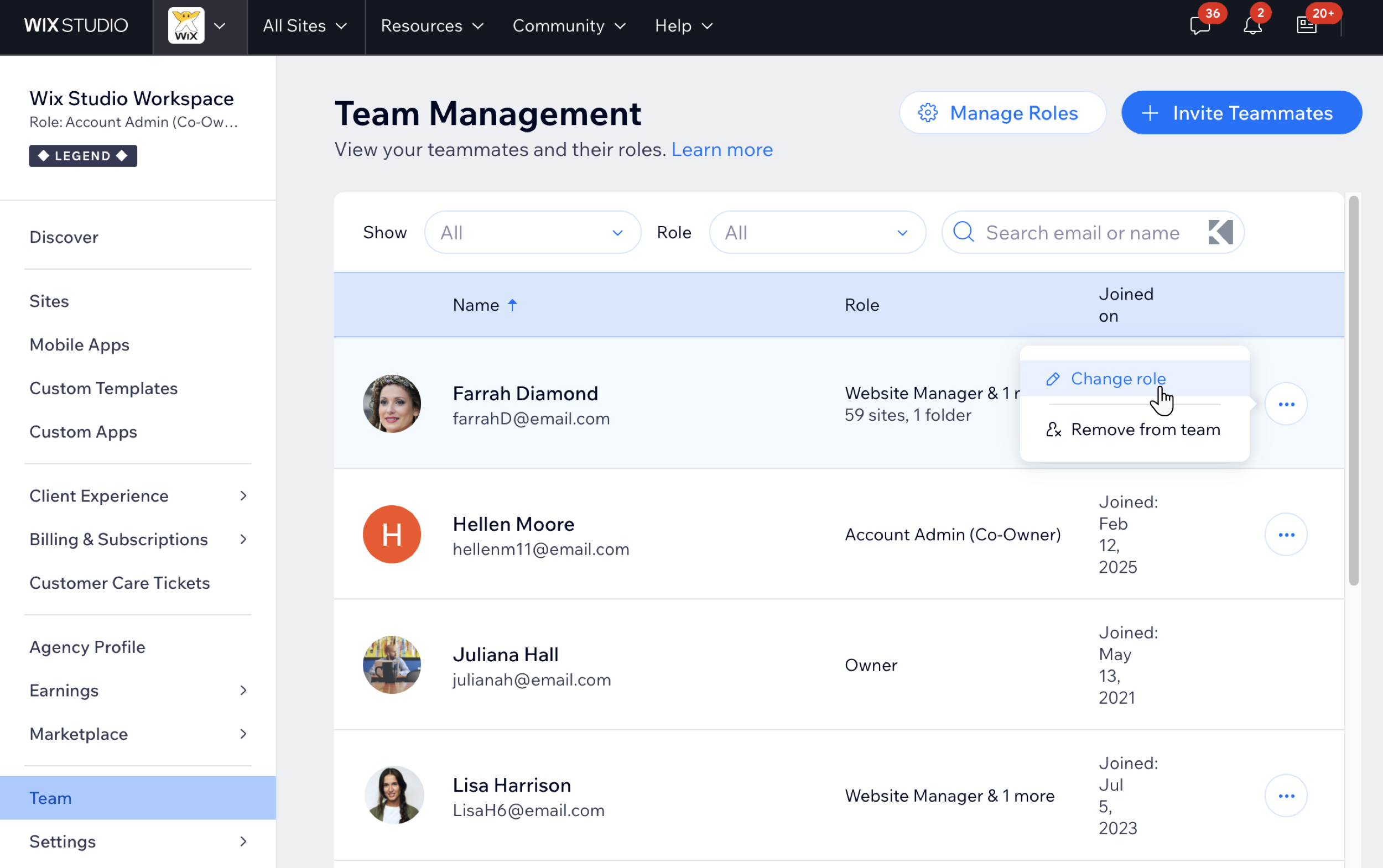 Een screenshot van het Team-tabblad in Wix Studio waar je je team kunt beheren.