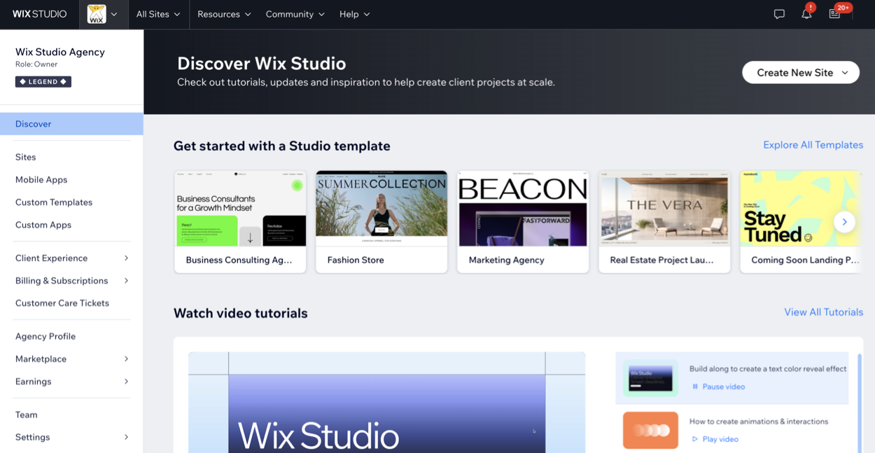 Een screenshot van de Wix Studio-werkruimte en het Verkennen-tabblad.