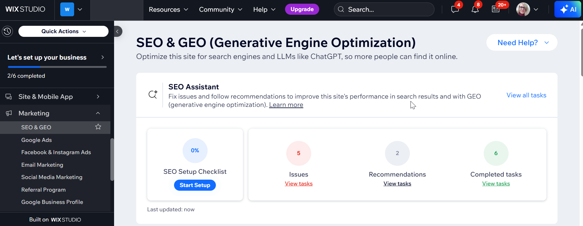 Screenshot del Pannello di controllo SEO e GEO