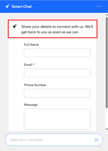 Screenshot of the Wix Smart Chat with the pre-chat text highlighted