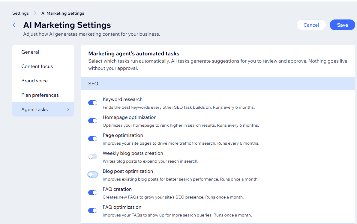Screenshot met de geautomatiseerde taken van de AI Marketing Agent