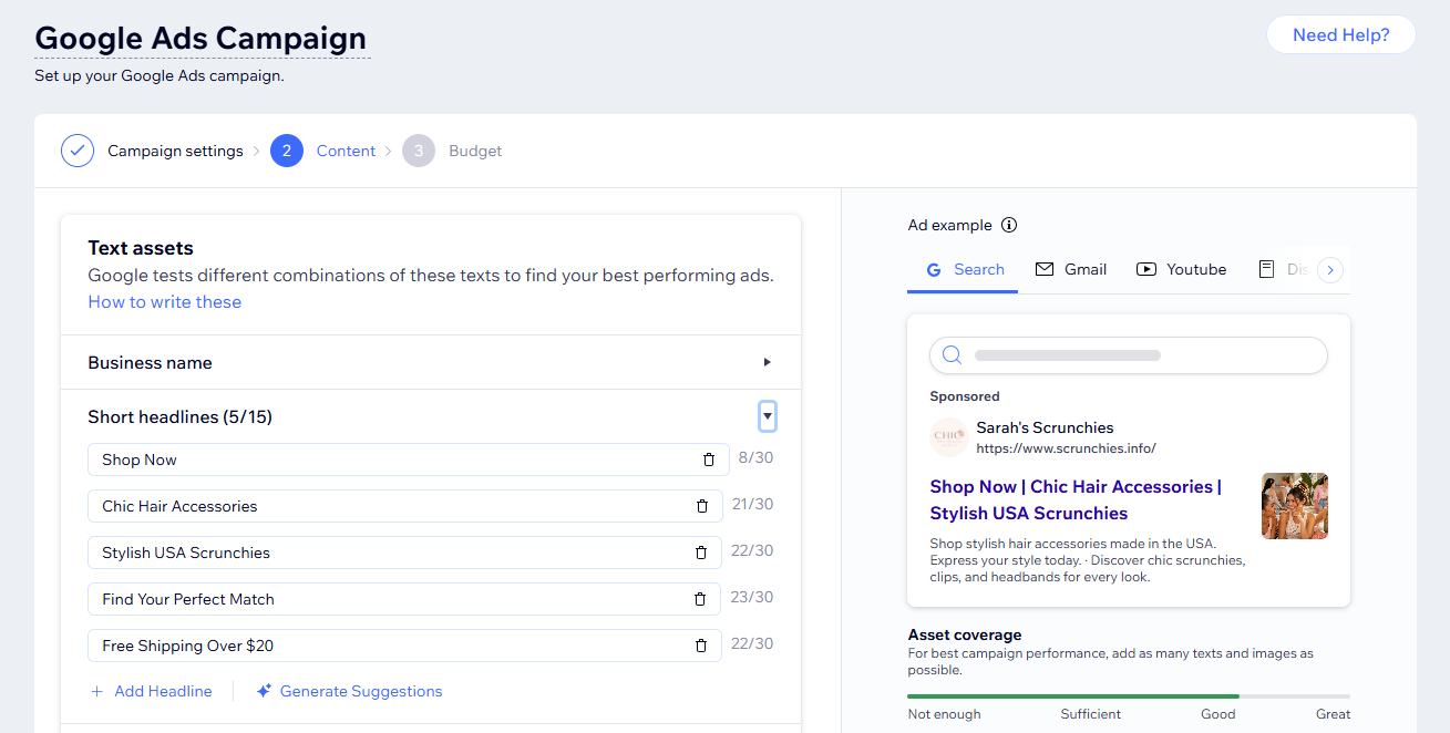 Screenshot of the Google Ads with Wix campaign setup flow customizing campaign settings