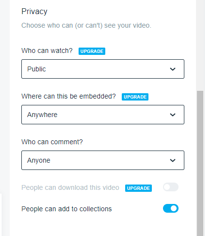 A screenshot of Vimeo's video privacy settings.