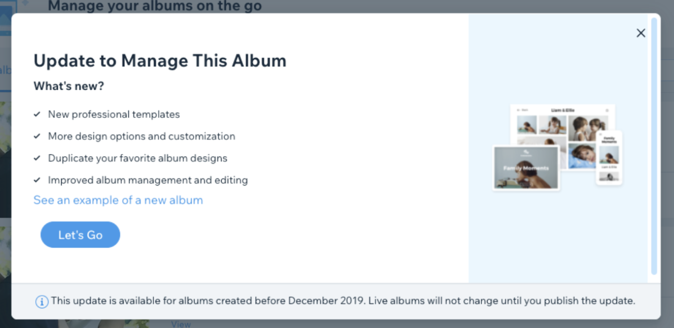 A screenshot of the Call-To-Action where you can update your old albums to the new version.