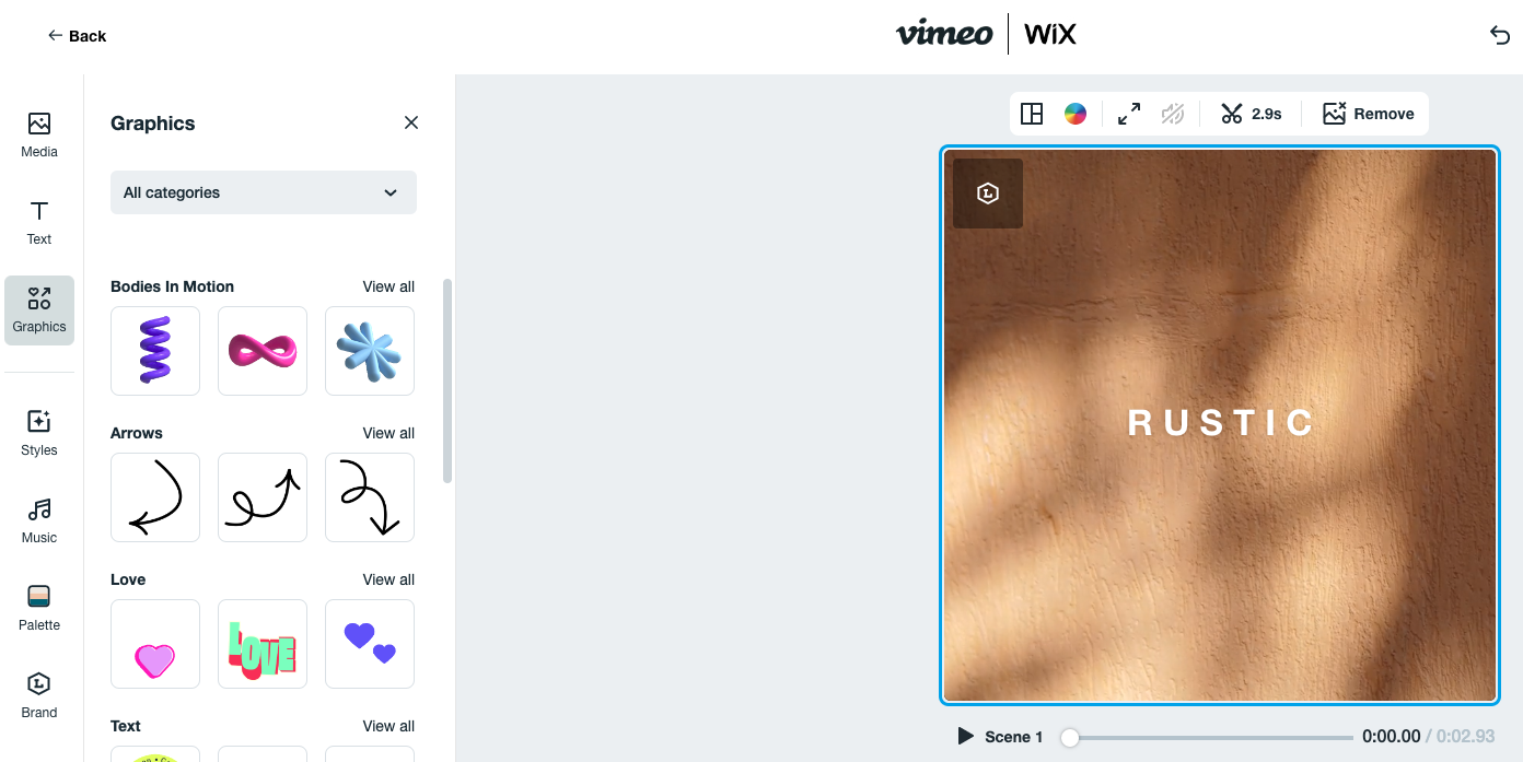 A screenshot of the Vimeo Video Maker showing the graphics options.