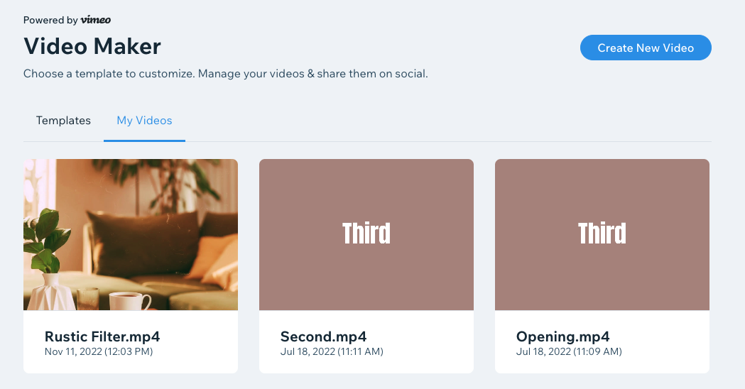 Een screenshot van het Mijn video's-tabblad in de Wix Video Maker met opgeslagen video's, gemaakt op de Vimeo Video Maker.