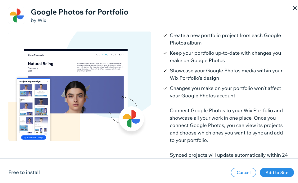 Une capture d'écran de la fenêtre pop-up d'intégration de Google Photos et de Wix Portfolio à partir de laquelle vous pouvez ajouter l'intégration à votre site.