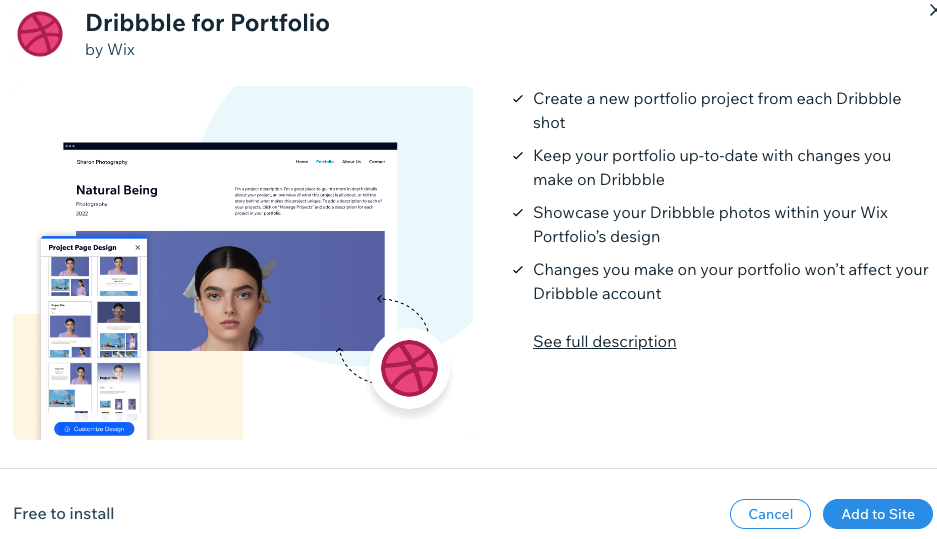 A screenshot of the Dribbble and Wix Portfolio integration pop-up from where you can add the integration to your site.