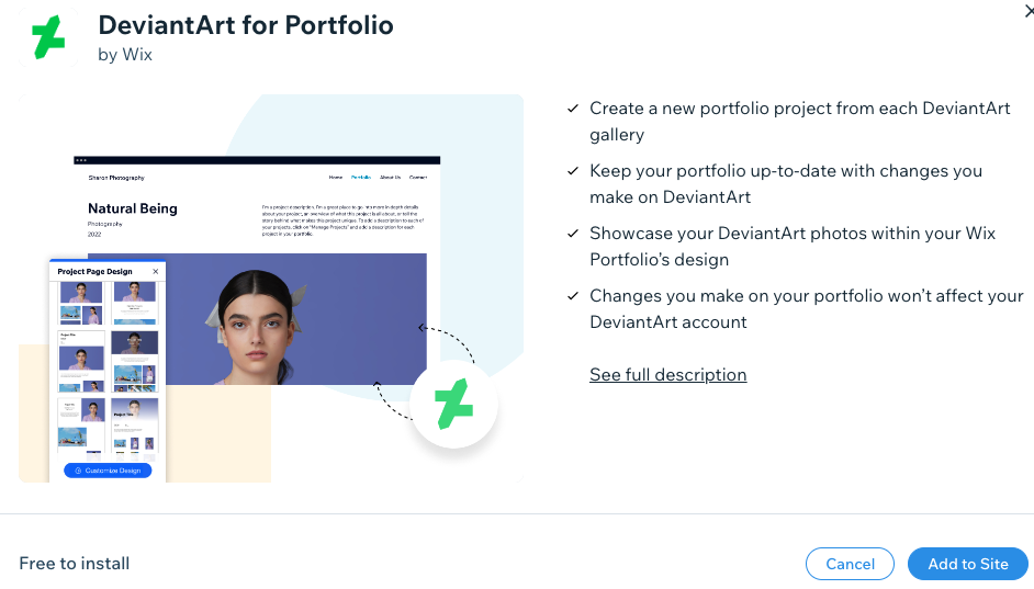 A screenshot of the DeviantArt and Wix Portfolio integration pop-up from where you can add the integration to your site.