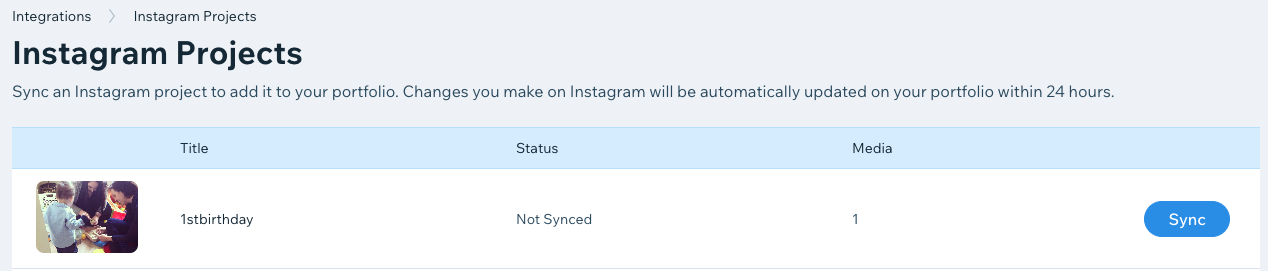 A screenshot showing the Sync option for an Instagram project.