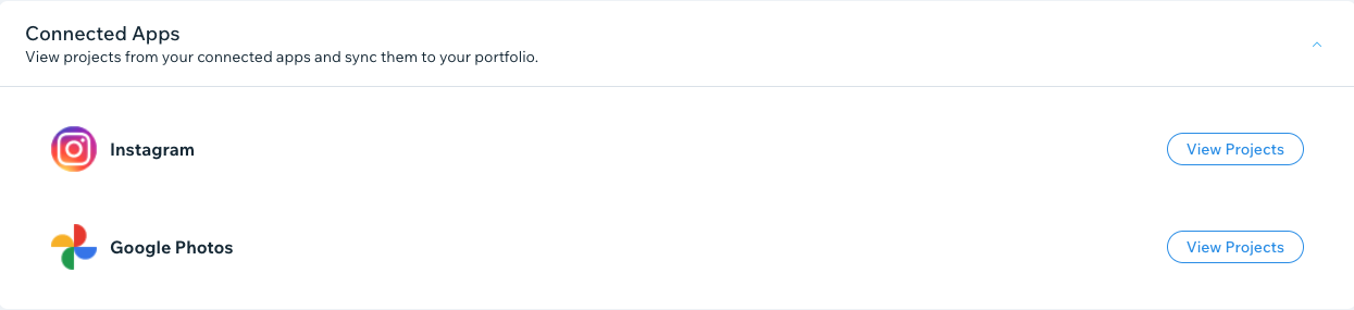 Een screenshot van gekoppelde integraties in Wix Portfolio.