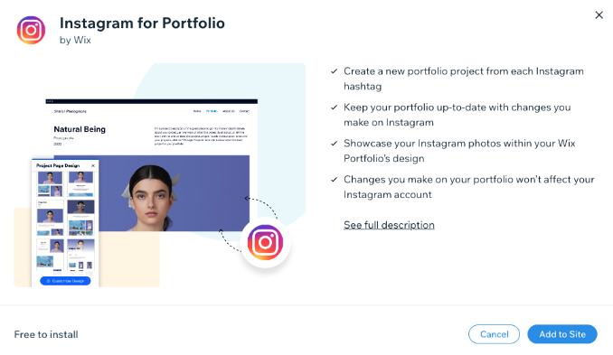 Screenshot del pop-up dell'integrazione di Instagram e Wix Portfolio da cui puoi aggiungere l'integrazione al tuo sito.