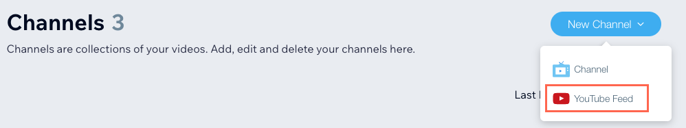 Een screenshot van de Nieuw kanaal-dropdown die wordt geopend op de Kanalen-pagina met de YouTube Feed-optie gemarkeerd.