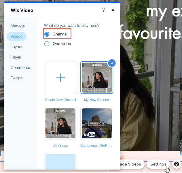 Screenshot che mostra il pannello delle impostazioni dell'app Wix Video nell'Editor da cui puoi scegliere quale canale mostrare sul sito