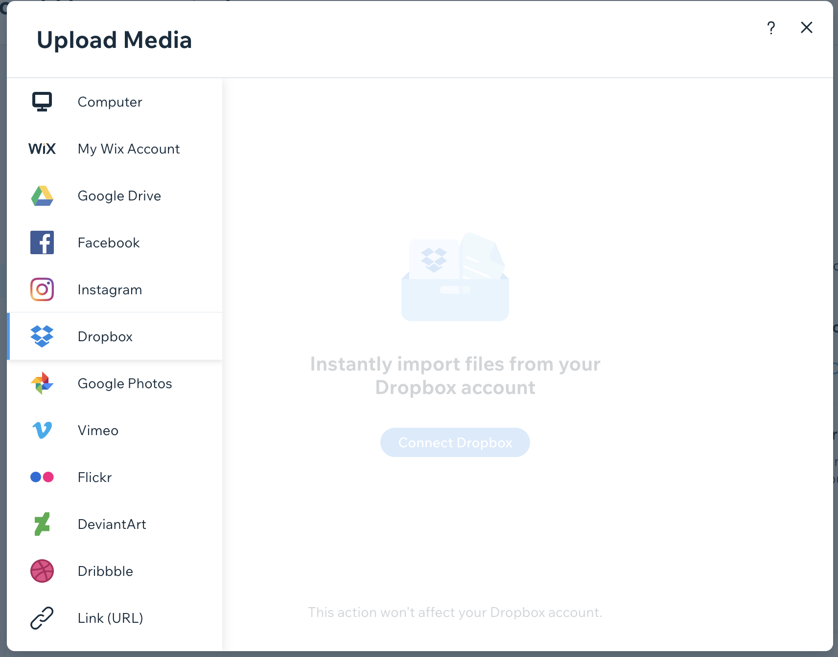 A screenshot showing the creative and social apps available to upload media to your projects from.