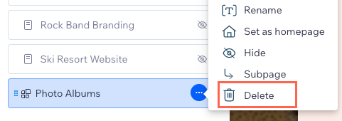 Screenshot, der die Optionen zum Löschen von Wix Photo Albums aus deinem Editor zeigt.