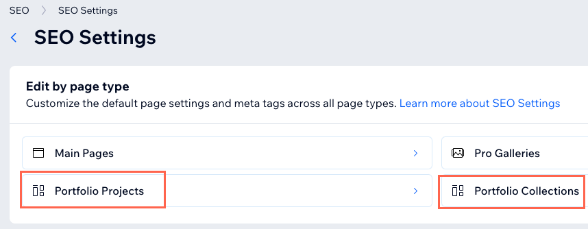 Una captura de pantalla que muestra los ajustes de SEO para las páginas del proyecto de portafolio y las páginas de colecciones de portafolio.