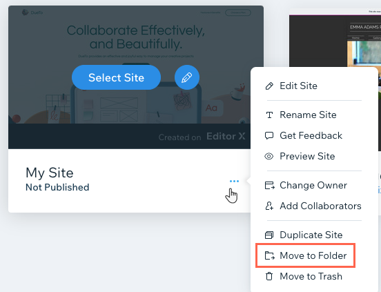 Una captura de pantalla que muestra las acciones del sitio que puedes realizar en tu sitio, incluido el movimiento de un sitio a una carpeta.
