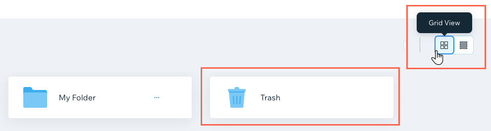 A screenshot showing the Grid View option and the Trash folder.