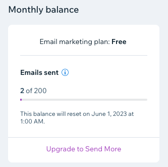 A screenshot showing the monthly balance of emails send in the Email Marketing dashboard.