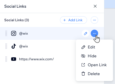 A screenshot showing the options available to manage your social links.