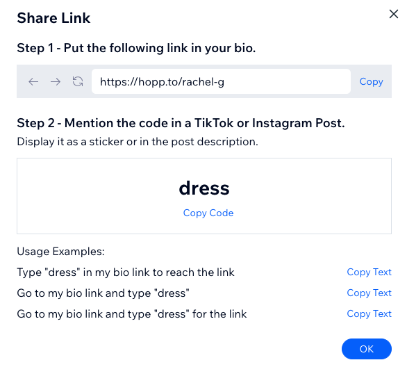 An example share link and code set up.