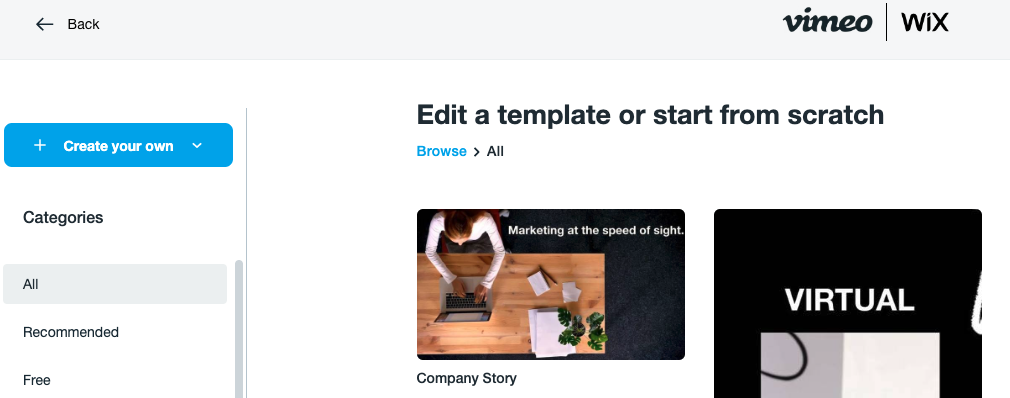 Screenshot che mostra alcuni template Vimeo di esempio e l'opzione per iniziare a creare un video da zero