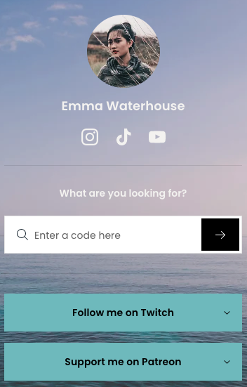 A screenshot showing an example Link in Bio page with Twitch and Patreon integration connections.