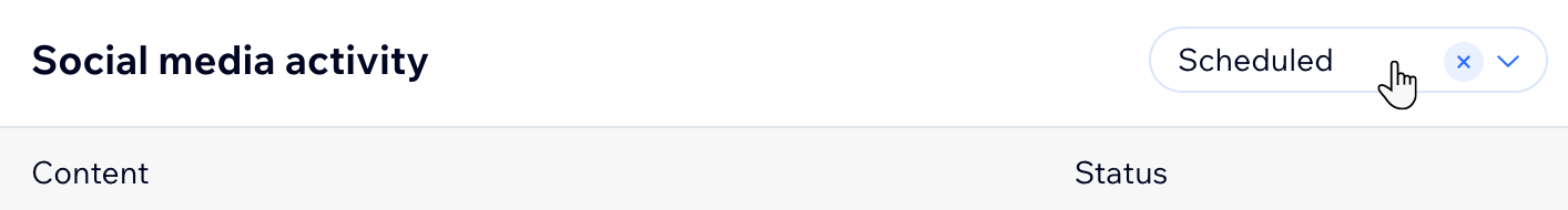 Screenshot der Aktivitätsseite für Social Media, im Filter-Menü ist die Option „Geplant“ ausgewählt.
