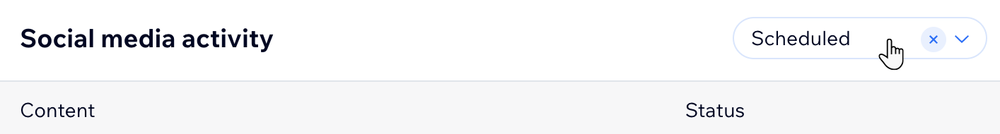 A screenshot of the Social media activity page with Scheduled selected in the filters menu.