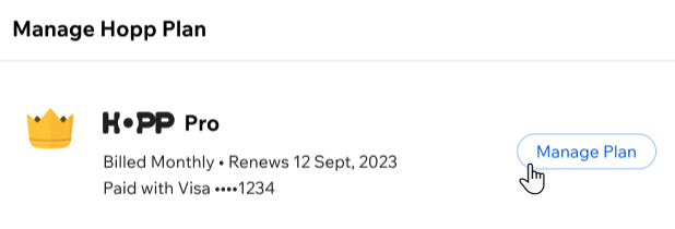 A screenshot showing the Manage Plan button in the Hopp dashboard in the settings panel.
