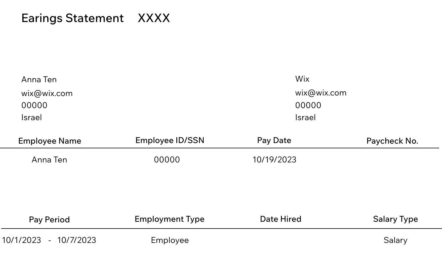 Screenshot, der ein Beispiel für eine Gehaltsabrechnung zeigt, die mit Wix Paystub Generator erstellt wurde.