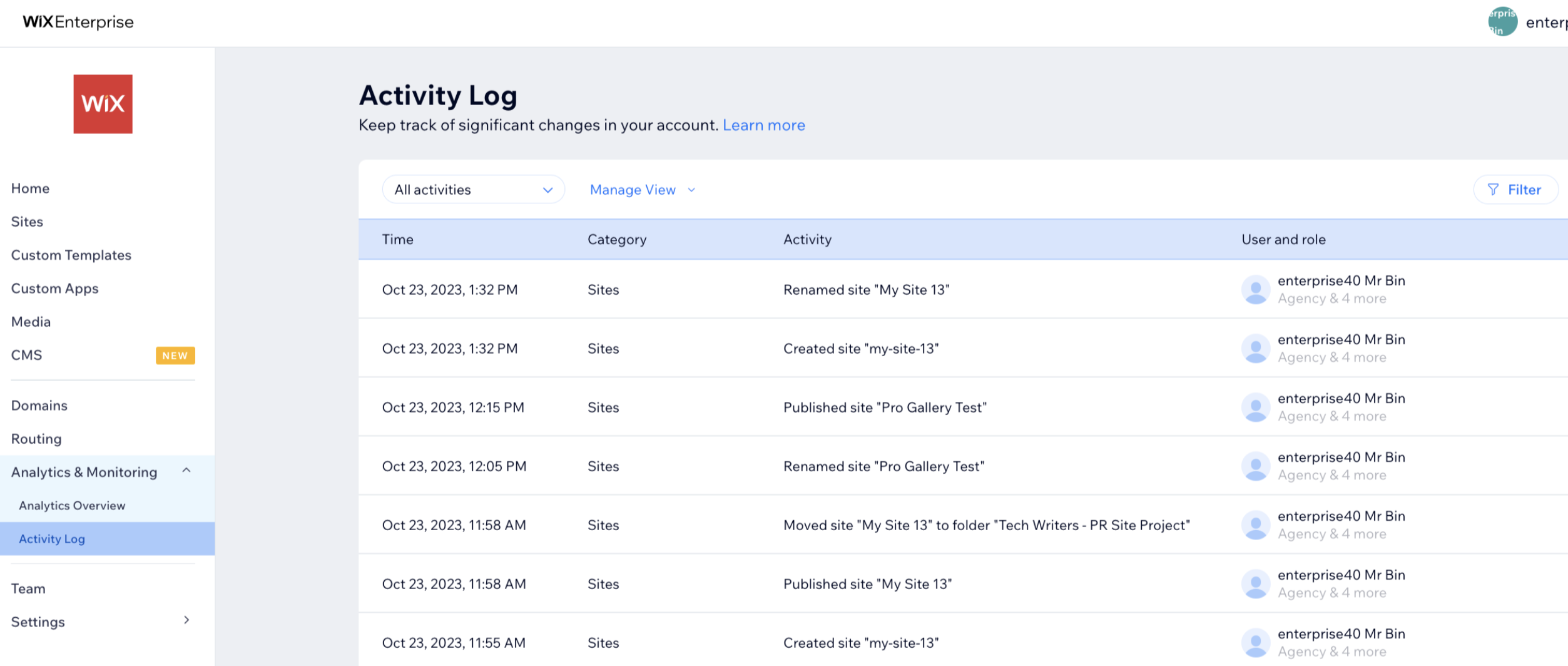 A screenshot showing an example activity log and the data in it.