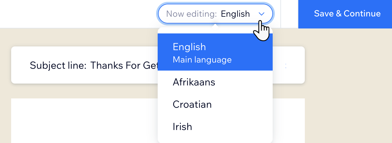 Uma captura de tela mostrando o dropdown onde você pode alternar entre diferentes versões de seus emails automatizados.