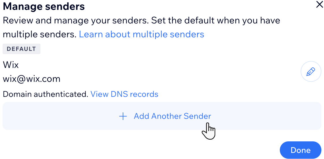 A screenshot showing the Add Another Sender button where you can add multiple sender email addresses.