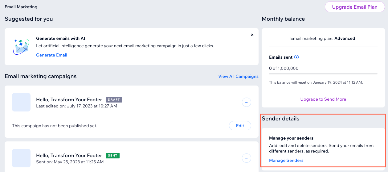 A screenshot showing the Sender details section of the Email Marketing dashboard.