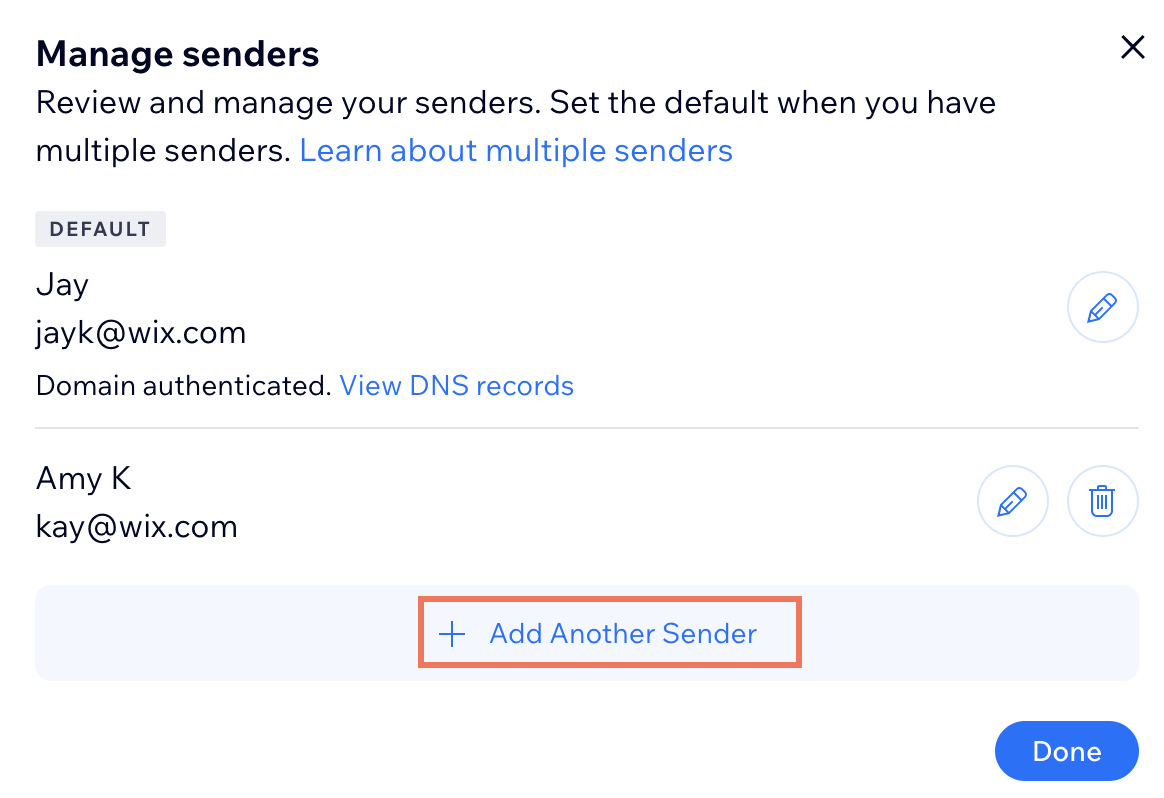 A screenshot showing the Add Another Sender option in the Manage senders section of the email marketing dashboard.