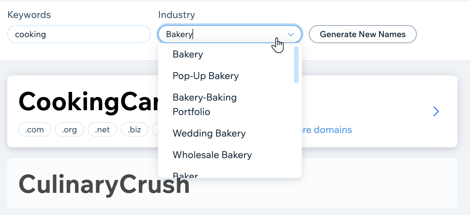 Screenshot, der einige Ergebnisse des Wix Business Name Generators zeigt, bei dem „Kochen“ als Keyword und „Bäckerei“ als Branche verwendet wird.