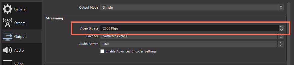 A screenshot of the OBS Studio Encoder showing the Video Bitrate settings.