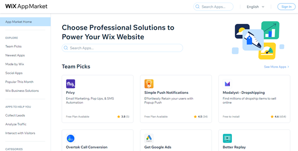 Скриншот Wix App Market.