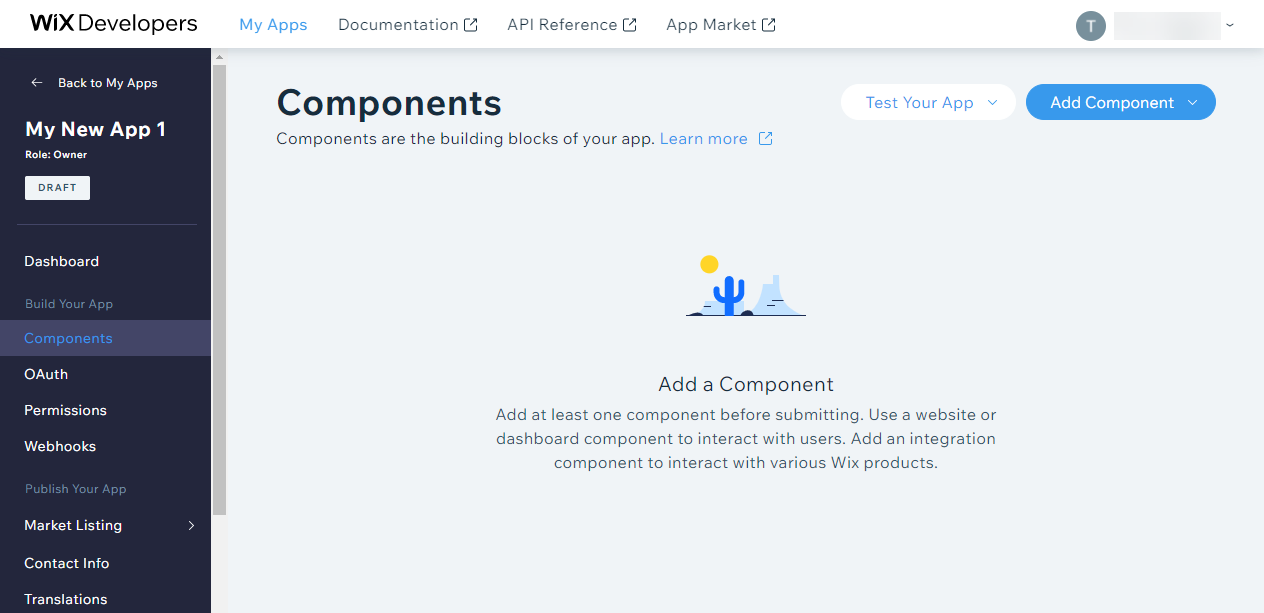 Wix Developers 센터 대시보드의 구성 요소 빌더를 보여주는 스크린샷