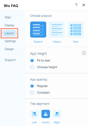 Layout tab of the FAQ app's settings panel.