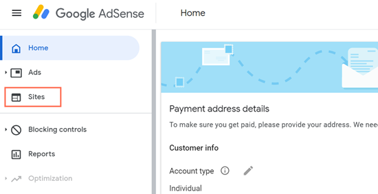 An image showing where to access 'Sites' in Google AdSense.